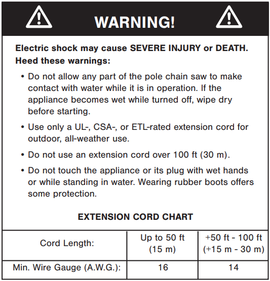 SWJ803E extension cord chart example